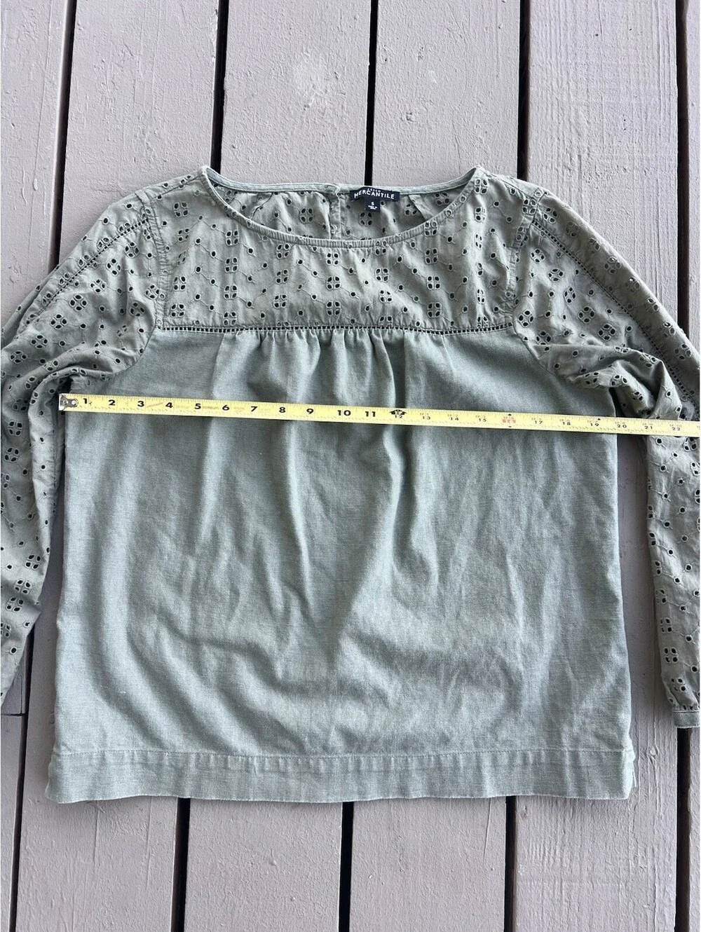 EUC! J.Crew Mercantile Olive Green Line Blend Eyelet Long Sleeves Shirt Women S